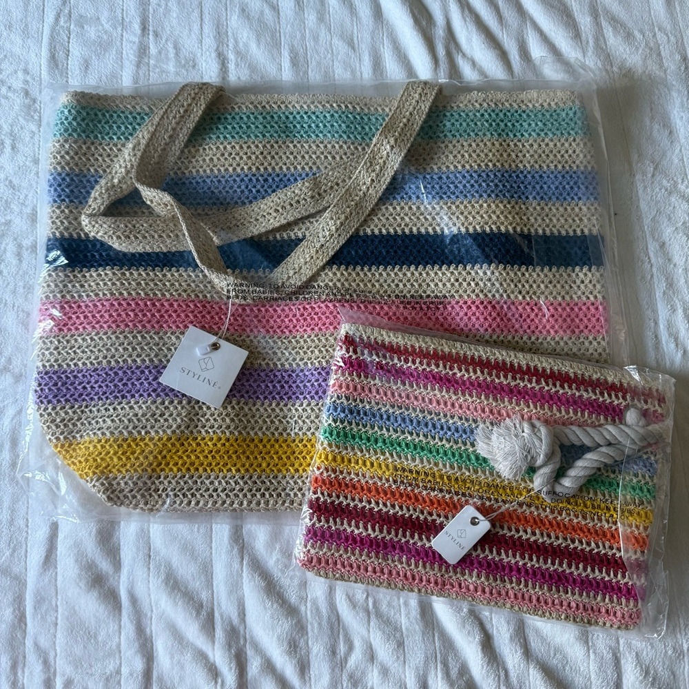 Multicolor Raffia Stripe Tote with Matching Clutch - Pastel & Bright Stripes